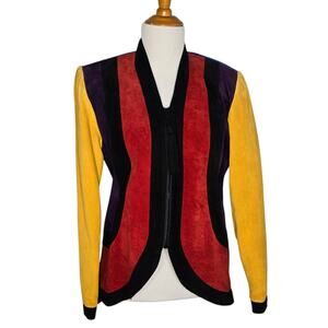 Vintage 80s Suede Colorblock Jacket Unique Bold Primary Maximalist Women 6